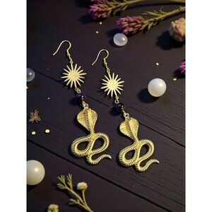 Gold Cobra Snake Earrings with Sunburst Charm Celestial Serpent Dangle Earrings